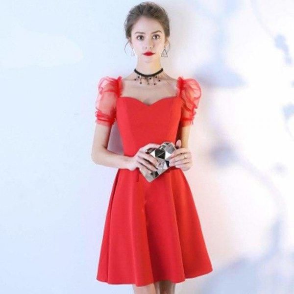 The Best Women Solid Short Puff Sleeve V-Neck Fashion Summer Evening Lace Dress Online - Source Silk