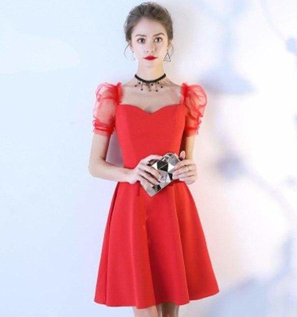 The Best Women Solid Short Puff Sleeve V-Neck Fashion Summer Evening Lace Dress Online - Source Silk