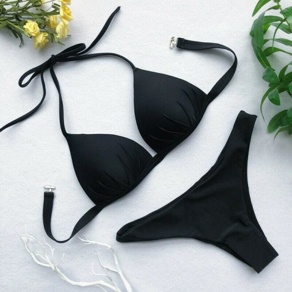 The Best Women Solid Triangle Bikini Sets Padded Bra Tops Thong Bottoms Swimwear Online - Takalr