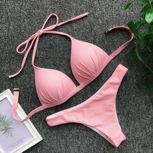 The Best Women Solid Triangle Bikini Sets Padded Bra Tops Thong Bottoms Swimwear Online - Takalr