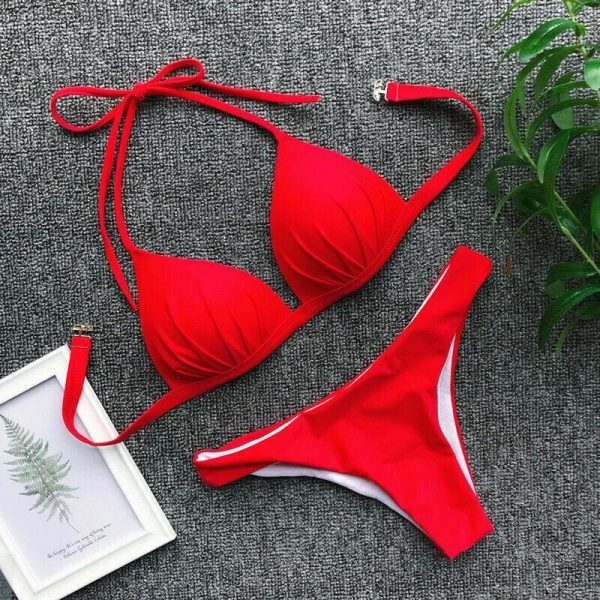 The Best Women Solid Triangle Bikini Sets Padded Bra Tops Thong Bottoms Swimwear Online - Takalr