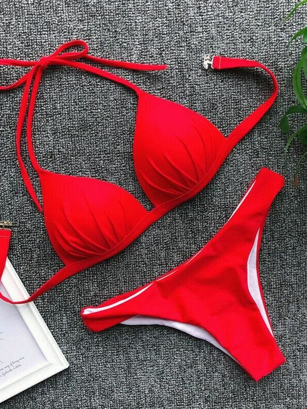 The Best Women Solid Triangle Bikini Sets Padded Bra Tops Thong Bottoms Swimwear Online - Takalr