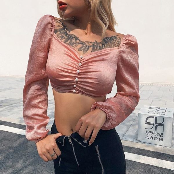 The Best Women Square Neck Crop Tops Ladies Casual Long Sleeve Stretch Shirt Autumn Holiday Blouse Tee shirt Online - Takalr