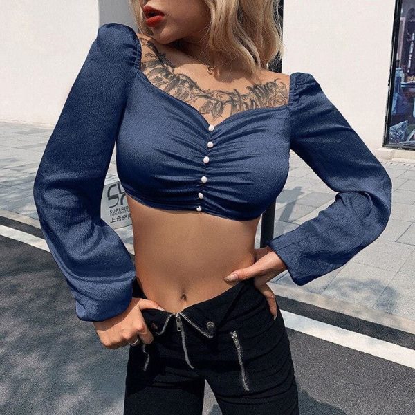 The Best Women Square Neck Crop Tops Ladies Casual Long Sleeve Stretch Shirt Autumn Holiday Blouse Tee shirt Online - Takalr