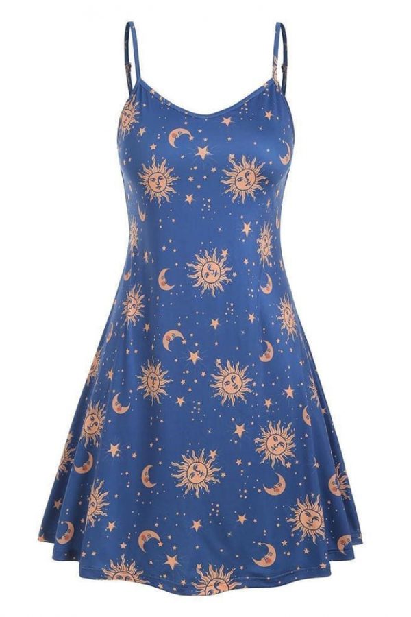 The Best Women Starry moon pattern Printed O-Neck Sleeveless Dress Online - Source Silk