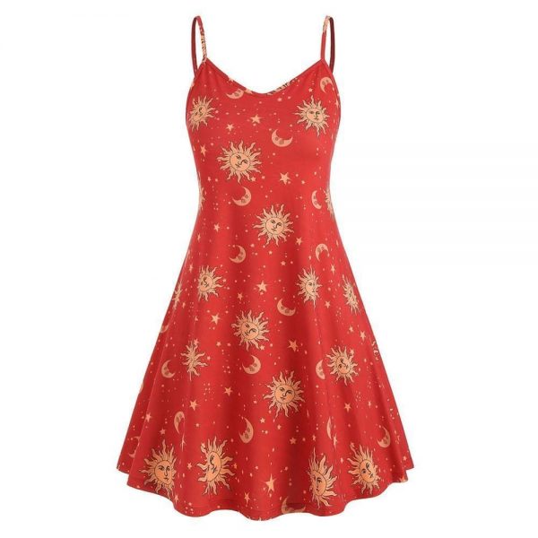 The Best Women Starry moon pattern Printed O-Neck Sleeveless Dress Online - Source Silk