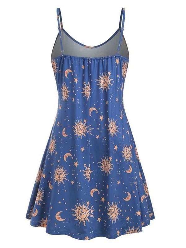 The Best Women Starry moon pattern Printed O-Neck Sleeveless Dress Online - Source Silk