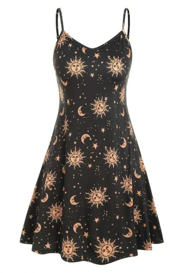 The Best Women Starry moon pattern Printed O-Neck Sleeveless Dress Online - Source Silk