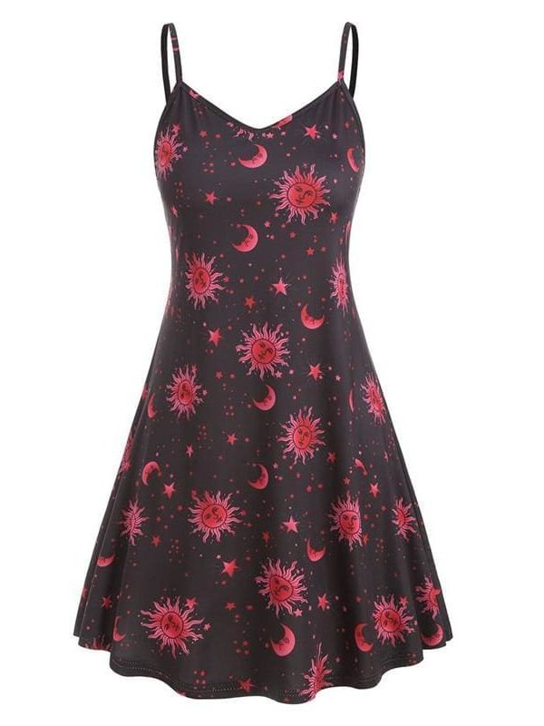 The Best Women Starry moon pattern Printed O-Neck Sleeveless Dress Online - Source Silk