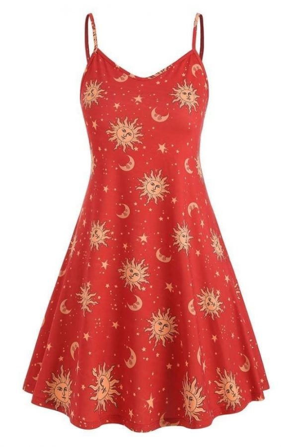 The Best Women Starry moon pattern Printed O-Neck Sleeveless Dress Online - Source Silk