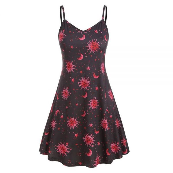 The Best Women Starry moon pattern Printed O-Neck Sleeveless Dress Online - Source Silk