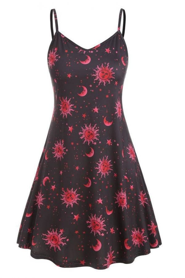 The Best Women Starry moon pattern Printed O-Neck Sleeveless Dress Online - Source Silk