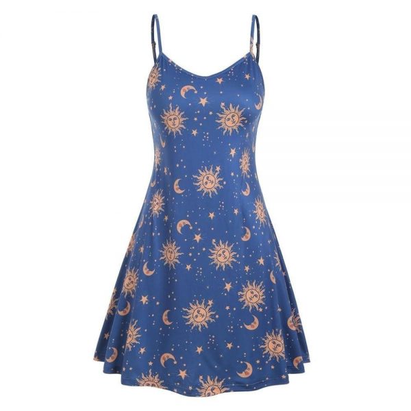 The Best Women Starry moon pattern Printed O-Neck Sleeveless Dress Online - Source Silk