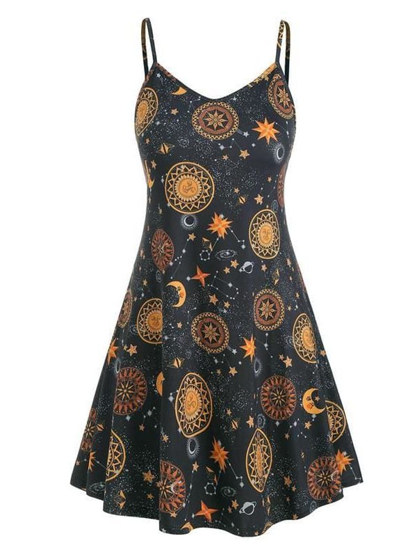 The Best Women Starry moon pattern Printed O-Neck Sleeveless Dress Online - Source Silk