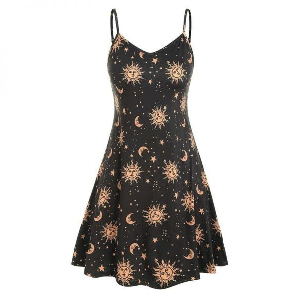 The Best Women Starry moon pattern Printed O-Neck Sleeveless Dress Online - Source Silk