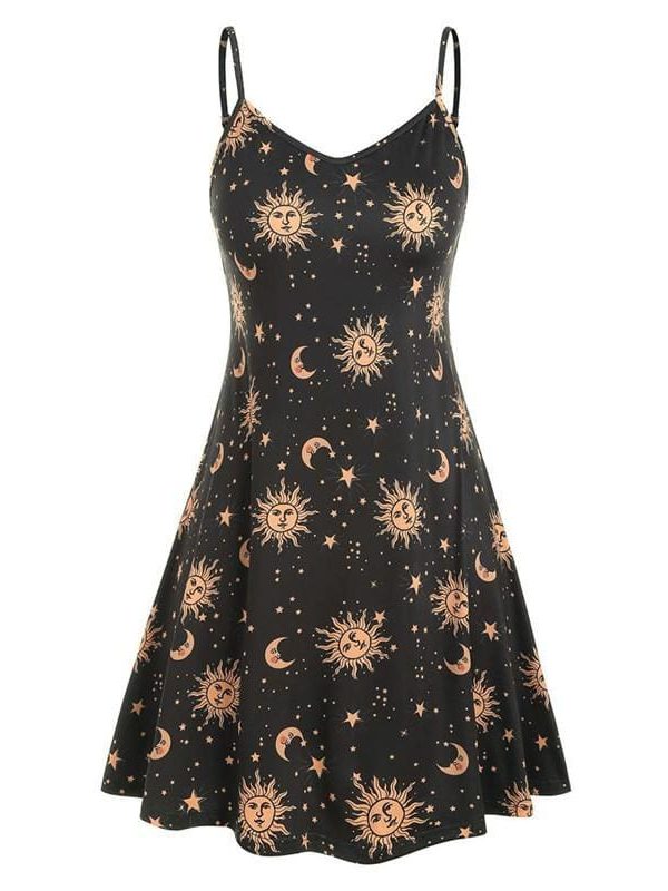 The Best Women Starry moon pattern Printed O-Neck Sleeveless Dress Online - Source Silk