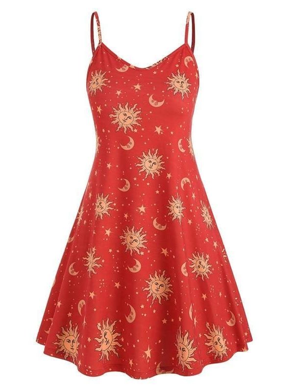 The Best Women Starry moon pattern Printed O-Neck Sleeveless Dress Online - Source Silk