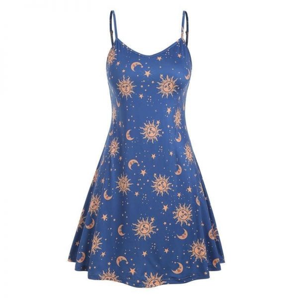 The Best Women Starry moon pattern Printed O-Neck Sleeveless Dress Online - Source Silk