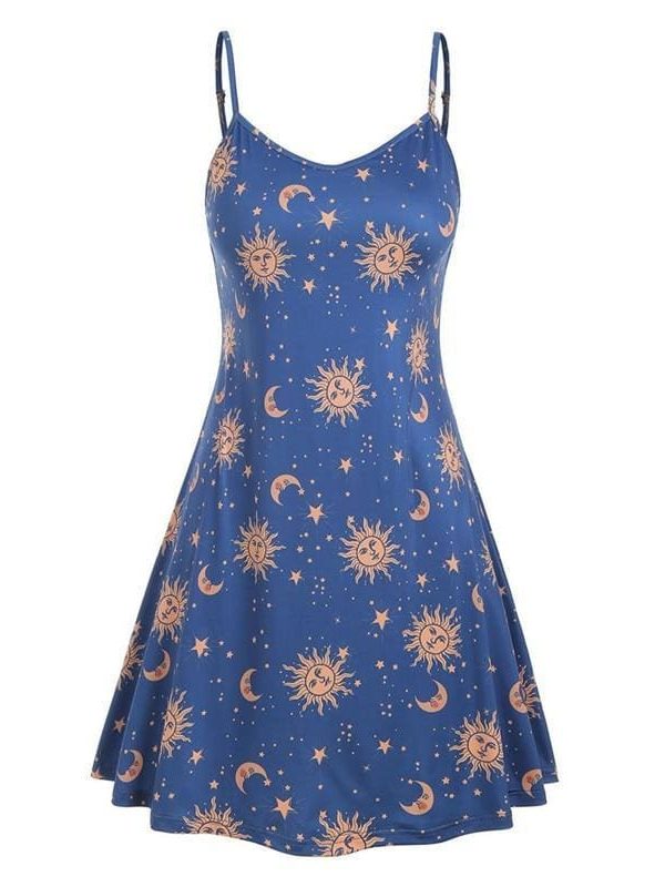 The Best Women Starry moon pattern Printed O-Neck Sleeveless Dress Online - Source Silk