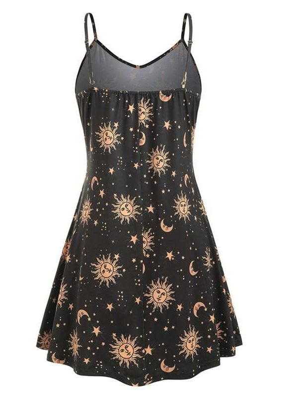 The Best Women Starry moon pattern Printed O-Neck Sleeveless Dress Online - Source Silk