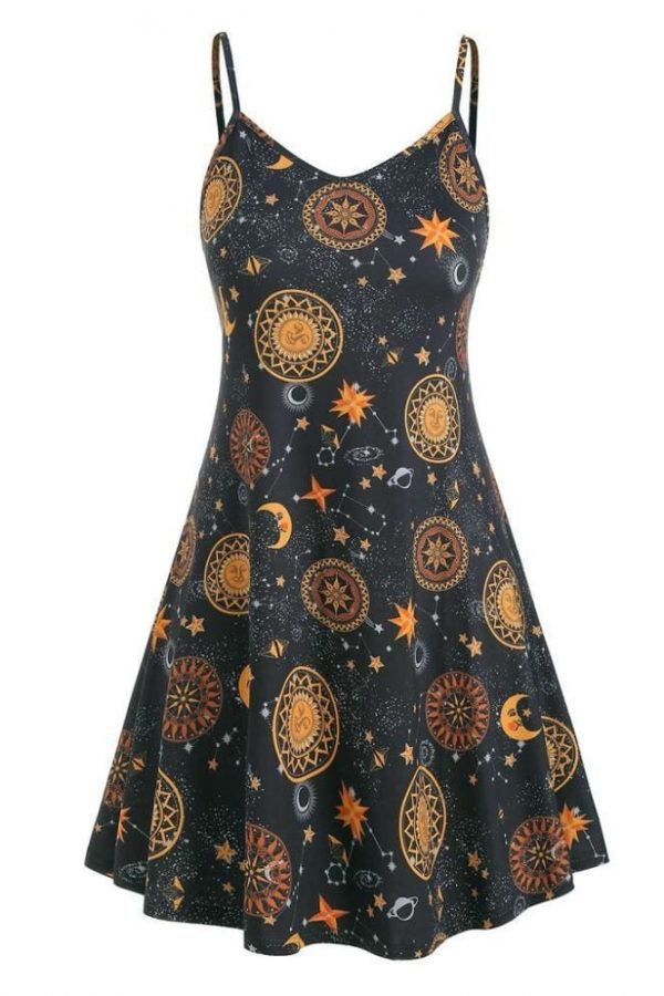 The Best Women Starry moon pattern Printed O-Neck Sleeveless Dress Online - Source Silk