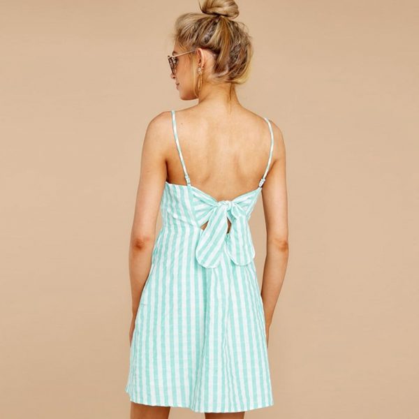 The Best Women Strappy Off Shoulder Striped Bow Open Back Short Mini Dress Online - Source Silk