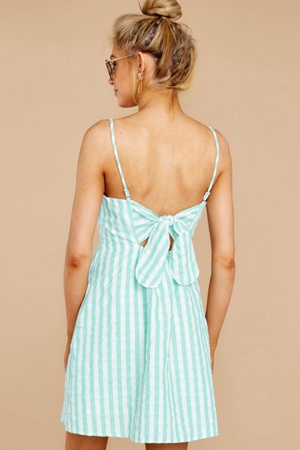 The Best Women Strappy Off Shoulder Striped Bow Open Back Short Mini Dress Online - Source Silk