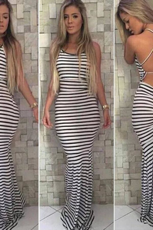 The Best Women Strappy Striped Bodycon Long Maxi Dress Summer BOHO Sleveless Backless Evening Party Beach Dresses Sundress Online - Takalr