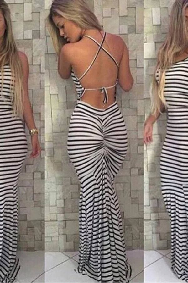 The Best Women Strappy Striped Bodycon Long Maxi Dress Summer BOHO Sleveless Backless Evening Party Beach Dresses Sundress Online - Takalr