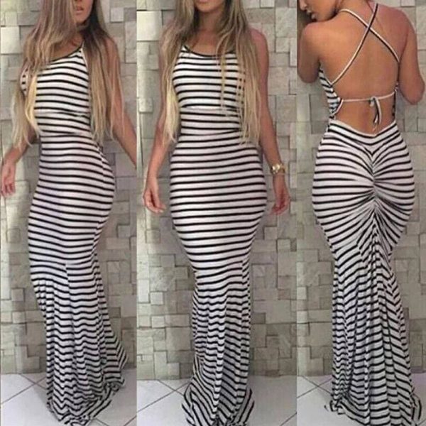 The Best Women Strappy Striped Bodycon Long Maxi Dress Summer BOHO Sleveless Backless Evening Party Beach Dresses Sundress Online - Takalr