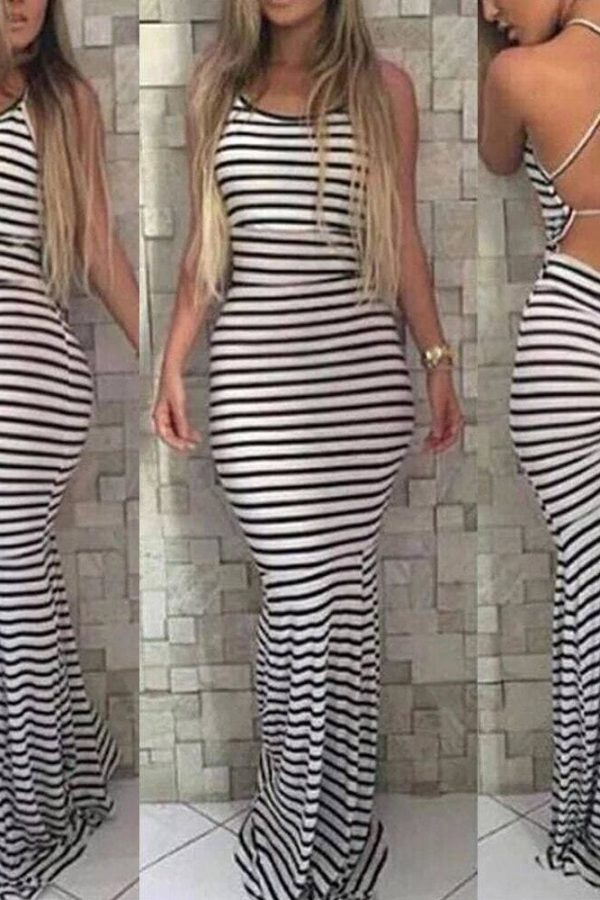 The Best Women Strappy Striped Bodycon Long Maxi Dress Summer BOHO Sleveless Backless Evening Party Beach Dresses Sundress Online - Takalr