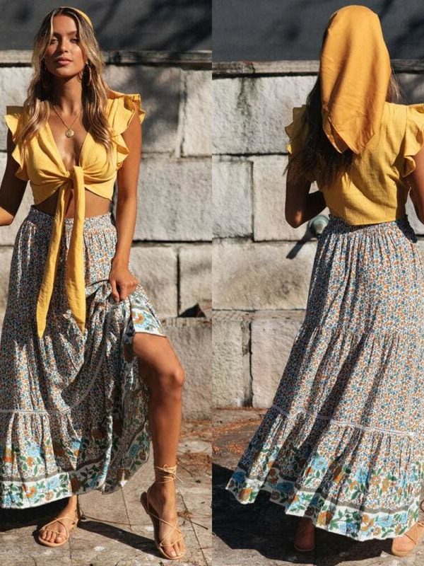 The Best Women Stretch High Waist Floral Print Long Skirt Maxi Beach Casual Boho Polyester Ankle-length Skirt Online - Takalr