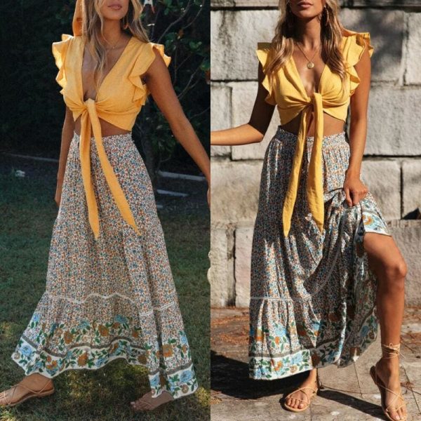 The Best Women Stretch High Waist Floral Print Long Skirt Maxi Beach Casual Boho Polyester Ankle-length Skirt Online - Takalr