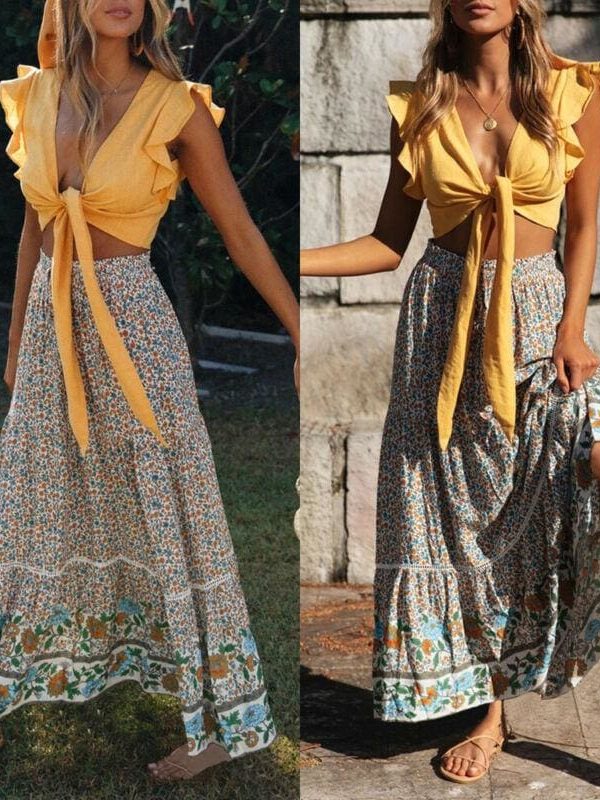 The Best Women Stretch High Waist Floral Print Long Skirt Maxi Beach Casual Boho Polyester Ankle-length Skirt Online - Takalr