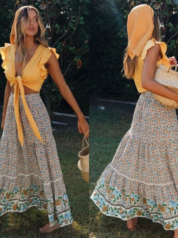 The Best Women Stretch High Waist Floral Print Long Skirt Maxi Beach Casual Boho Polyester Ankle-length Skirt Online - Takalr