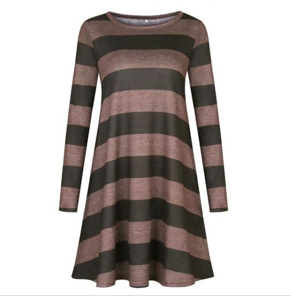 The Best Women Stripe Mini Dress Round Neck Long Sleeve Ladies Casual Loose Tunic Pocket Short Dress Online - Takalr