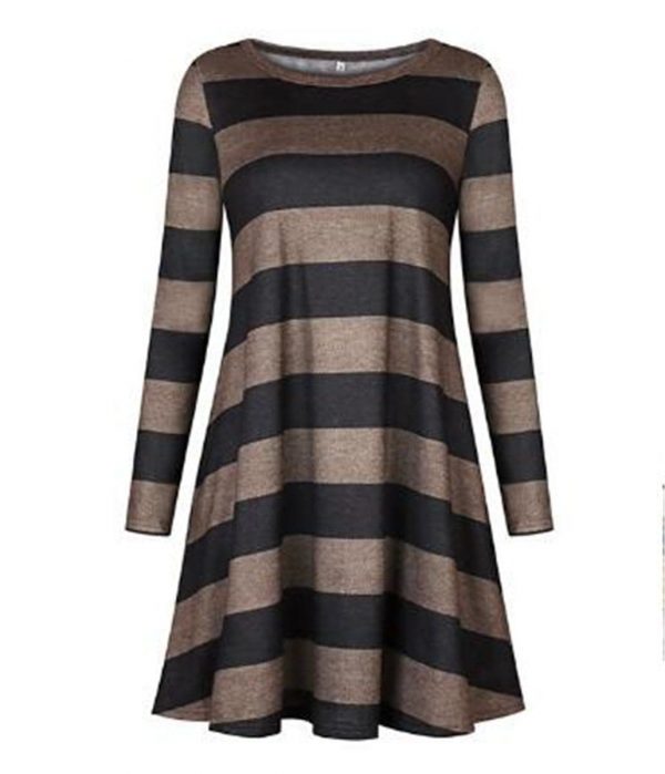 The Best Women Stripe Mini Dress Round Neck Long Sleeve Ladies Casual Loose Tunic Pocket Short Dress Online - Takalr