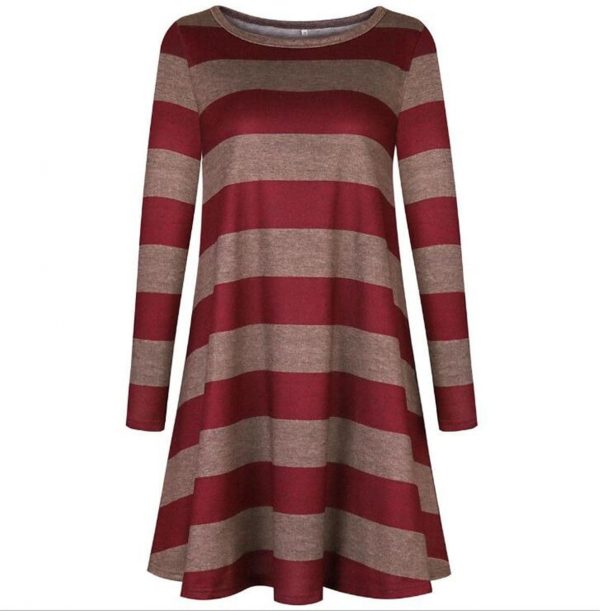 The Best Women Stripe Mini Dress Round Neck Long Sleeve Ladies Casual Loose Tunic Pocket Short Dress Online - Takalr