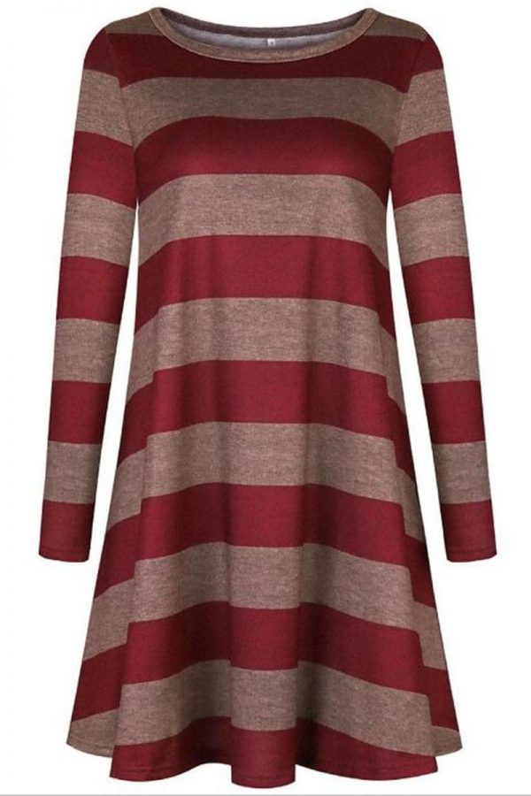 The Best Women Stripe Mini Dress Round Neck Long Sleeve Ladies Casual Loose Tunic Pocket Short Dress Online - Takalr