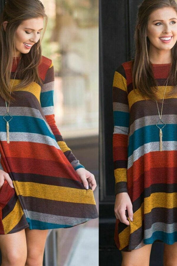 The Best Women Stripe Mini Dress Round Neck Long Sleeve Ladies Casual Loose Tunic Pocket Short Dress Online - Takalr