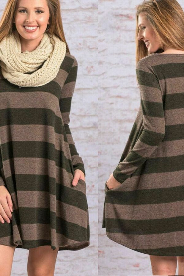 The Best Women Stripe Mini Dress Round Neck Long Sleeve Ladies Casual Loose Tunic Pocket Short Dress Online - Takalr