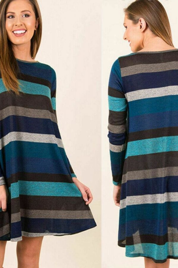 The Best Women Stripe Mini Dress Round Neck Long Sleeve Ladies Casual Loose Tunic Pocket Short Dress Online - Takalr