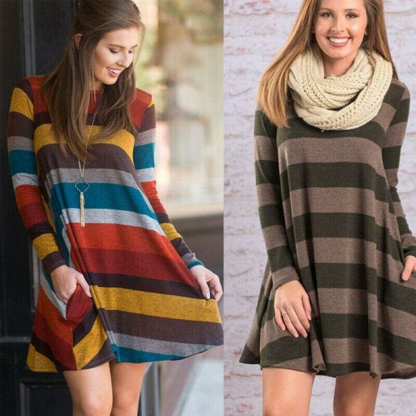 The Best Women Stripe Mini Dress Round Neck Long Sleeve Ladies Casual Loose Tunic Pocket Short Dress Online - Takalr