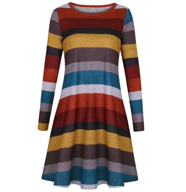 The Best Women Stripe Mini Dress Round Neck Long Sleeve Ladies Casual Loose Tunic Pocket Short Dress Online - Takalr