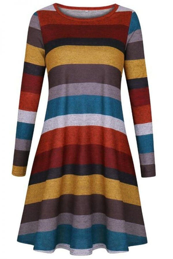 The Best Women Stripe Mini Dress Round Neck Long Sleeve Ladies Casual Loose Tunic Pocket Short Dress Online - Takalr