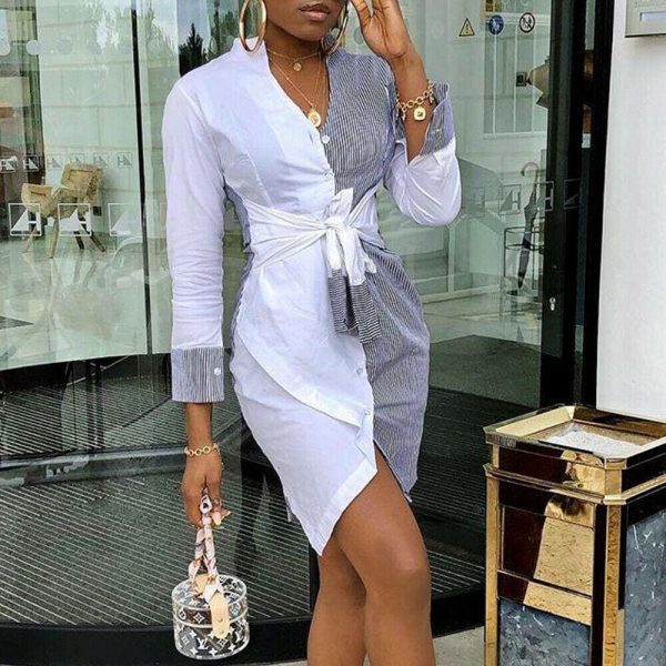 The Best Women Stripe Patchwork Short Party Dress Summer Autumn Holiday Sundress Office Lady Casual Dresses Online - Takalr