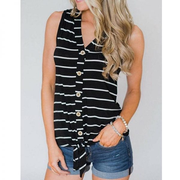 The Best Women Stripe T-Shirt V-Neck Sleeveless Summer Casual Loose Tops Casual T-Shirts Online - Takalr