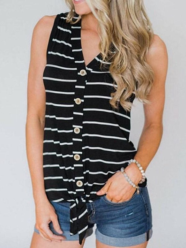 The Best Women Stripe T-Shirt V-Neck Sleeveless Summer Casual Loose Tops Casual T-Shirts Online - Takalr