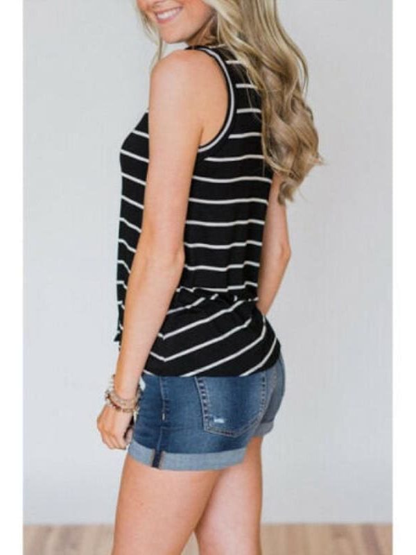 The Best Women Stripe T-Shirt V-Neck Sleeveless Summer Casual Loose Tops Casual T-Shirts Online - Takalr