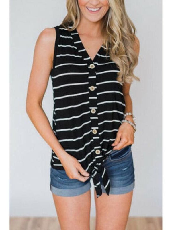 The Best Women Stripe T-Shirt V-Neck Sleeveless Summer Casual Loose Tops Casual T-Shirts Online - Takalr